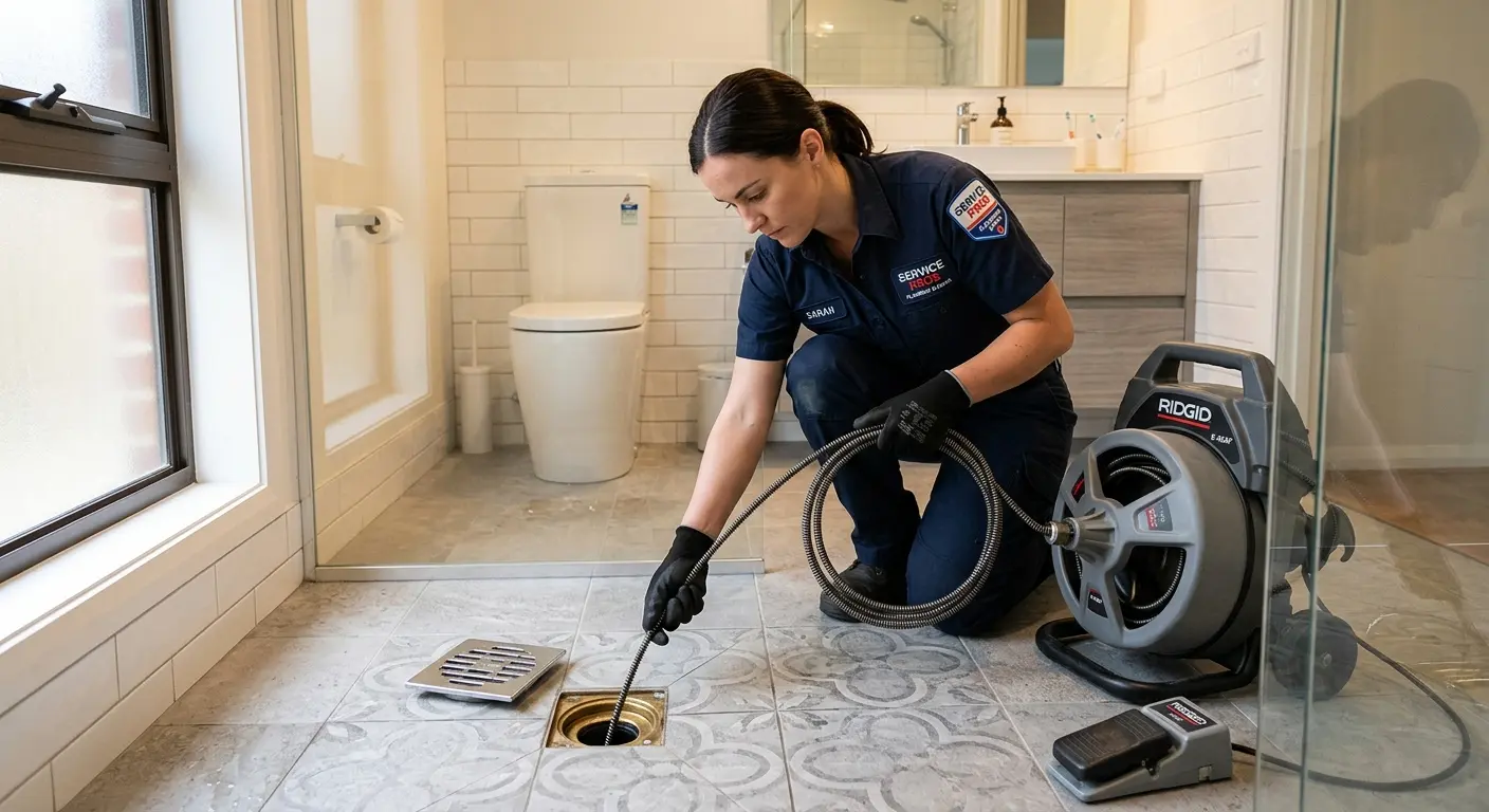 Technician clearing a bathroom floor drain for Drain Cleaning in Rochester Hills